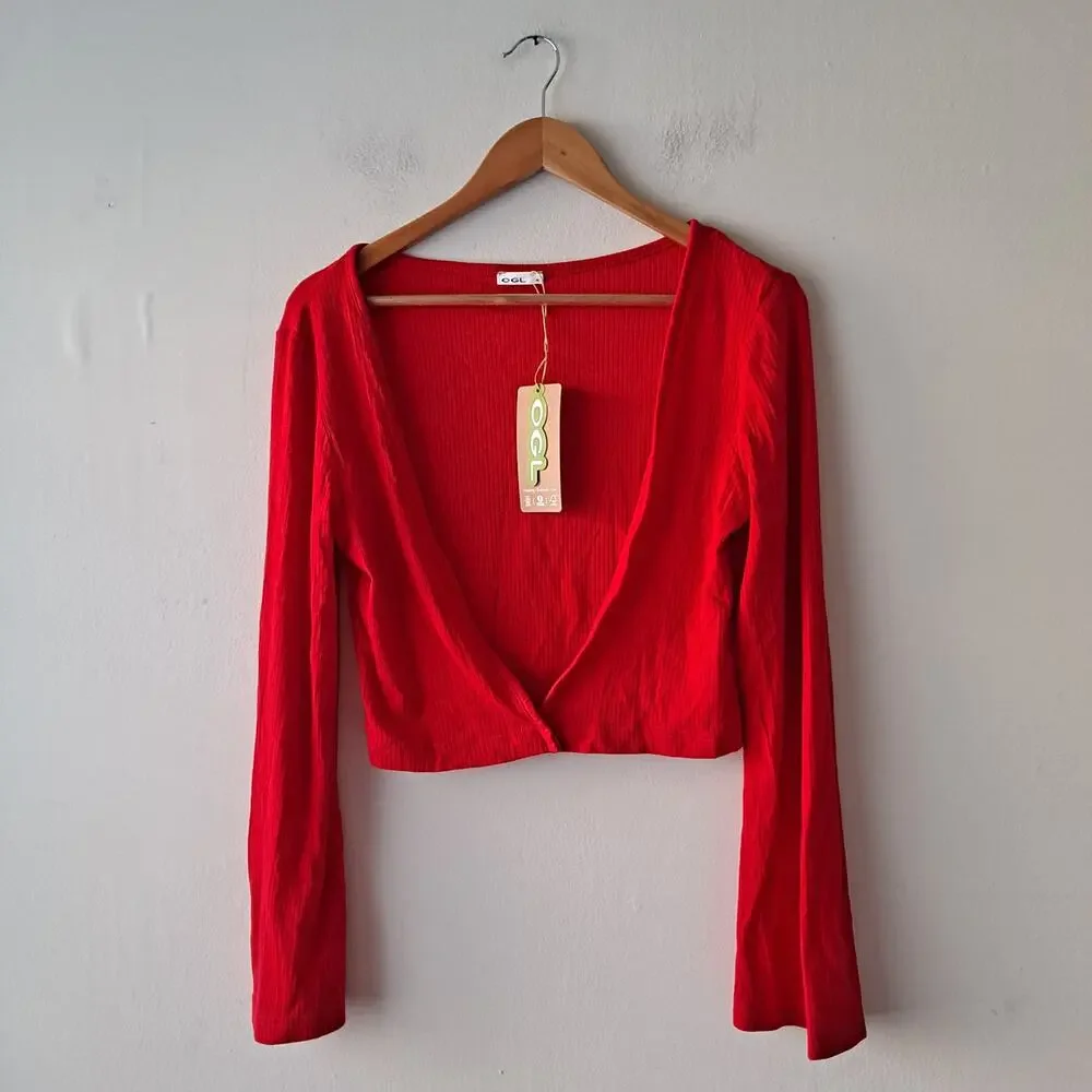 NWT OGL Soft Bell Sleeve Cropped Cardigan Wool Blend Ribbed Red Women's Size M